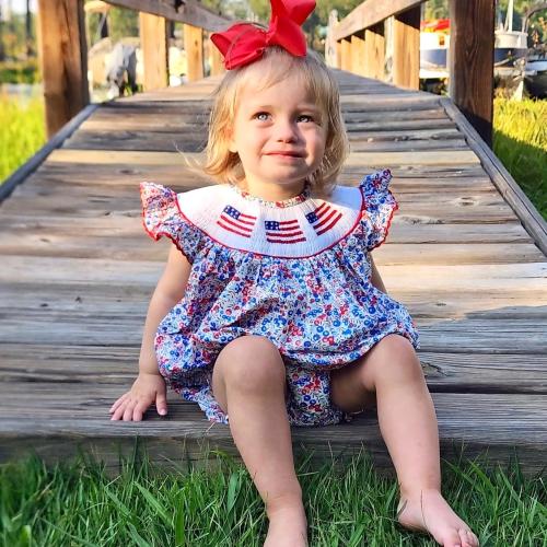 Smocked Flag Floral Bubble in America Liberty Print, Red White and Blue, Fourth of July, Memorial Day, Graduation, Romper, Baby Girl, 731 B