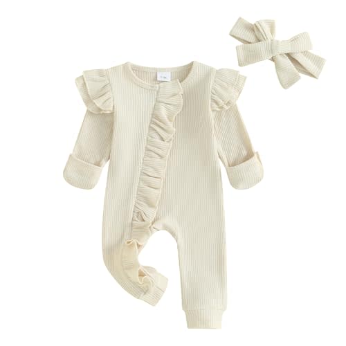 YINGISFITM Baby Girl Boy Newborn Clothes Ruffle Footless Onesie Romper Jumpsuit One Piece Waffle Knit Hospital Outfit (Waffle knit Beige, Newborn)