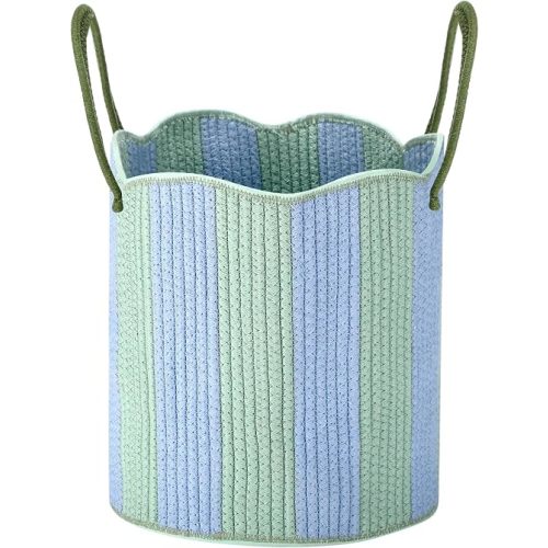 Domensi Striped Coiled Rope Basket with Handles Scalloped Woven Storage Basket Green Blue Decorative Organizer for Blanket Laundry Nursery Playroom Bedroom, 14" H x 12" W x 12" D