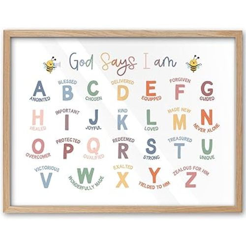 KensTro Christian Nursery Decor Framed Wall Art, 12x16 in Kids Christian Alphabet Affirmation Bible ABC Poster Identity in Christ Wall Art,God Says I am Affirmation for Boy and Girl Room Decor 1Pack
