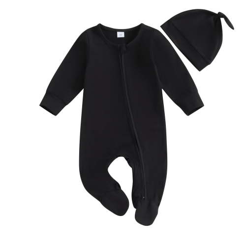 Odeerbi 0-6 Months Infant Boys Girls Cotton Romper with Hat Set Children's Solid Color Round Neck Long Sleeve Jumpsuit Infant Boys Girls Clothes