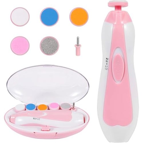 Baby Nail Trimmer Electric, Low Noise Newborn Safe Nail Clipper Kit with Light and Replaceable 6 Grinding Heads, Hand-Holding Care Polish and Trim for Infant Toddler Adults Toes Fingernails, Pink