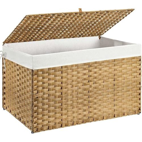 GREENSTELL Storage Basket with Lid, 42.3 Gallon(160L) Lagre Wicker Blanket Storage Basket with Handles, Foldable, 2 Removable Liner Bags, Metal Frame, for Bedroom, Laundry Room, Brown,30"*18.1"*18.1"