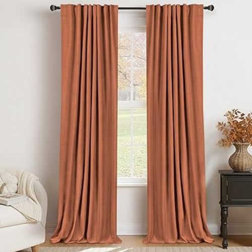 100% Blackout Shield Linen Blackout Curtains for Bedroom 96 Inches Long, Back Tab/Rod Pocket Living Room Drapes, Thermal Insulated Blackout Curtains 2 Panels Set, 50" W x 96" L, Burnt Orange