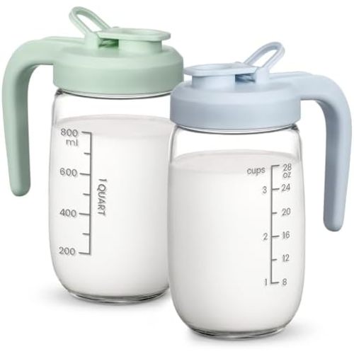 2 Pack Breast Milk Pitcher 32 OZ, Heat & Cold Resistant, Sudden Temperature Safe, Fast Baby Formula Maker with Wide Mouth, No Leak Glass Fridge Storage Container for Juice, Cold Brew-Blue, Green