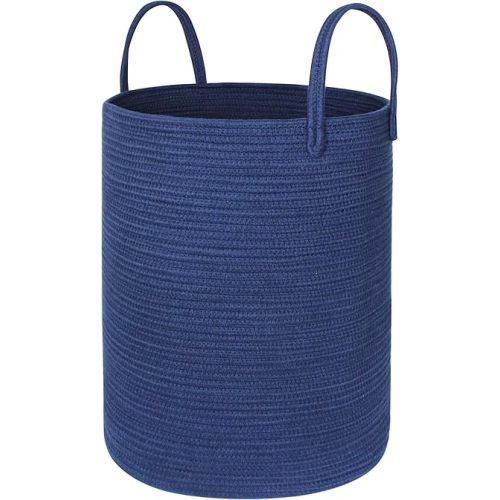 MEGASKET Blue Woven Laundry Basket, 15"x18" Large Cotton Rope Storage Basket for Blankets, Toys, Decorative Baby Nursery Clothes Hamper for Living Room Bedroom, Kids Laundry Hamper, Navy Blue Decor