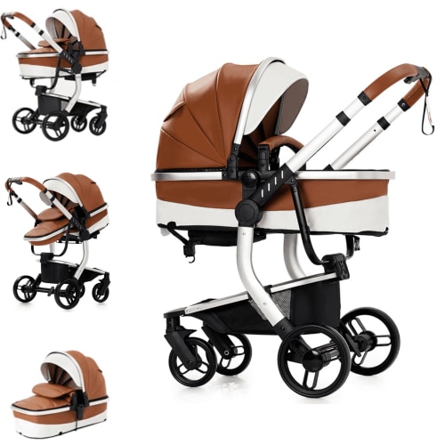 2-in-1 Convertible Baby Stroller,Alloy Travel Stroller,Portable High Landscape Infant Pram with PU Leather,Storage Bag for Infant,Toddler,Unisex,KHAKI