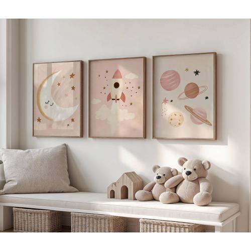 Pastel Space Nursery Prints: Rocket, Moon & Planets Wall Art