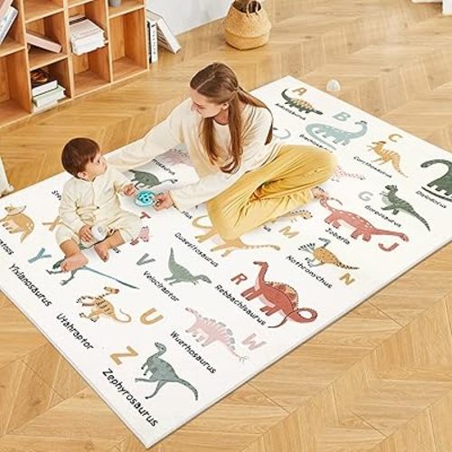 39.4"x59" Modern Dinosaur ABC Alphabet Kids Play Area Rug, White