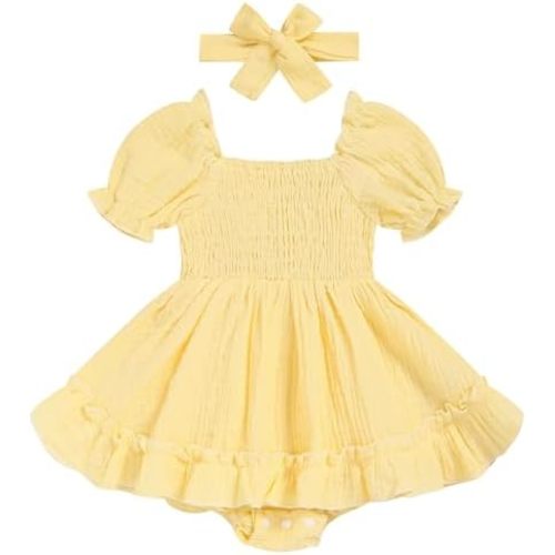 GRNSHTS Baby Girl Romper Dress, Puff Sleeve Smocked Outfit with Headband for Infants Soft Cotton Photo Shoot