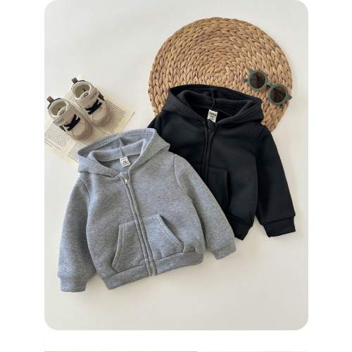 2pcs Baby Boy & Baby Girl Casual Solid Color Hooded Jacket Set, Grey Hoodie & Black Hoodie, Suitable For Autumn & Winter