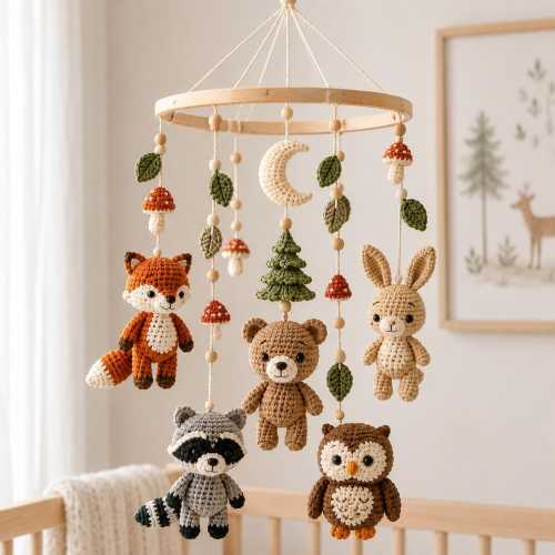 Woodland Baby Mobile, Forest Animal Crib Mobile, Crochet Fox Bear Bunny Raccoon Owl Mobile, Handmade Nursery Decor, Baby Shower Gift