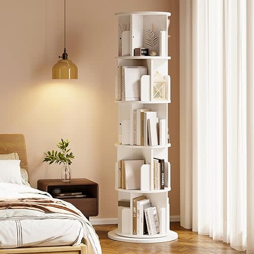 MXV Rotating Bookshelf, 360 Display 5 Tier, Small Corner Bookshelf for Small Space, Floor Standing Bookcase Storage Rack, Wood Narrow Book Shelf Organizer for Bedroom, Living Room, White