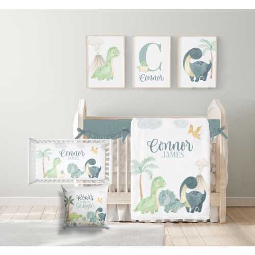 Dinosaur Crib Bedding Set Personalized, Personalized Baby Boy Dino Nursery Decor, Watercolor Dinosaur Baby Blanket - Dino Baby Shower CS349