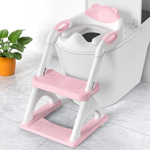 Potty Training Seat, SKYROKU Upgrade Toddler Toilet Seat for Kids Boys Girls, 2 in 1 Potty Training Toilet, Splash Guard Anti-Slip Pad Step Stool,New Sector-Shape Stabilized Base and heavier (Pink)