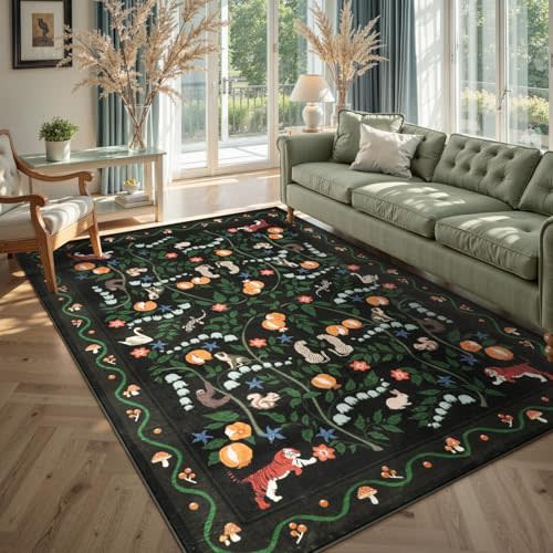 Animal Print 5x7 Area Rugs for Living Room, Soft Washable Rug for Nursery Ultra-Thin Non-Slip Black Carpet, Floral Kids Playroom Rug Boho Throw Carpet for Bedroom Office Dining Room