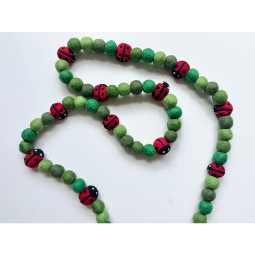 Customizable Lady Bug Garland - Red Polka Dot Bug in Green Grass - Felt Ladybug Bunting - Spring & Summer Wool Decor - Kids Birthday Banner