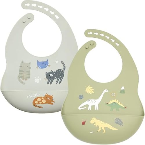Baby Silicone Bibs 2 Sets Baby Bibs with Food Catcher for Girls Boys Toddlers BPA Free Waterproof Soft Durable