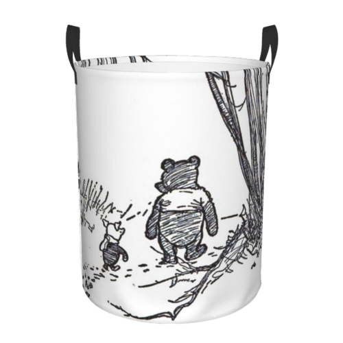 Winnie the Pooh Laundry Hamper with Handles, Foldable Waterproof Circular Basket, Kids Toys Dirty Clothes Storage Organizer Basket for Bedroom Bathroom Nursery Dorm Medium