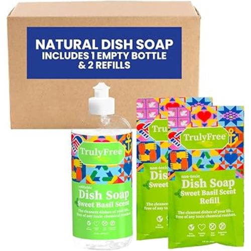 Truly Free Natural Concentrated Dish Detergent Dishwashing Liquid | Plant-Based Dish Soap | Sweet Basil Fresh Scent | 2 Refill Packs with 1 Empty Refillable Squeeze Bottle (16 Oz)