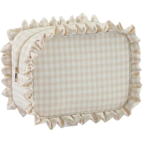 Ruffle Gingham Makeup Bag Large Preppy Toiletry Pouch for Women, Beige