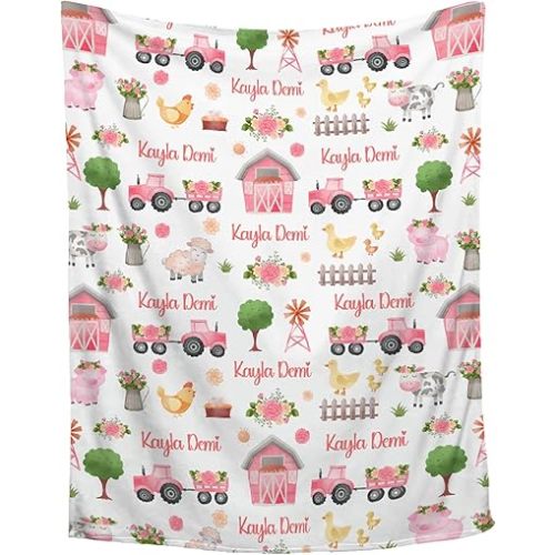 Personalized Baby & Kids Farm Cartoon Pig Embroidery Pink Throw Blanket, 50" x 90"