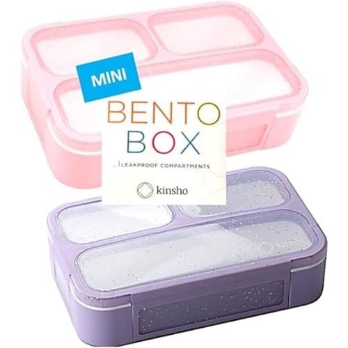 kinsho Small Snack Box Containers Kids Toddlers, Pink & Purple Glitter Set
