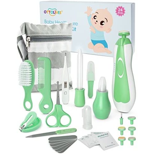 OTTOLIVES Baby Healthcare and Grooming Kit, 24 in 1 Baby Electric Nail Trimmer Set Newborn Nursery Health Care Set for Newborn Infant Toddlers Baby Boys Girls Kids (0-3 Years+) (Upgrade Green)