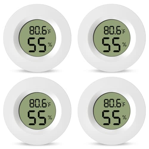 4-Pack Mini Hygrometer & Thermometer, Indoor/Outdoor Digital Humidity Temperature Meter Gauge (℉/℃), for Home, Greenhouse, Reptile Terrarium, Office, Car, Lab, Cellar A01 White