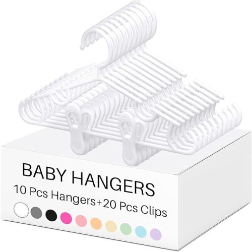 Hsei 5/10/40 Pack Baby Hangers with 10/20/80 Clips, Plastic Kids Pants Hangers for Nursery Closet Top and Bottom Clothes Hanger Set for Newborn Infant Toddler(60 Packs Total,White,10.6 Inch)