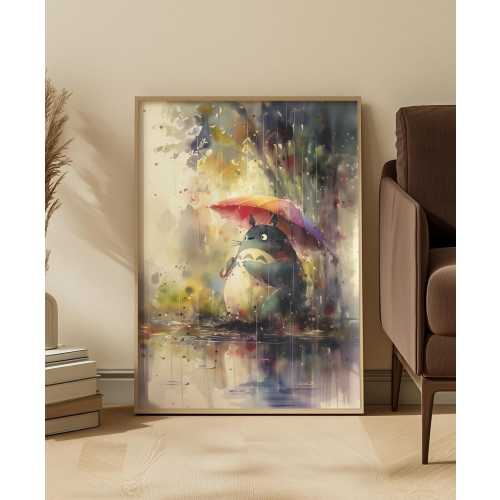 Colourful Totoro Rain Art Print Watercolour Poster for Nursery or Kids Room Whimsical Nature Anime Inspired Studio Ghibli Wall Decor