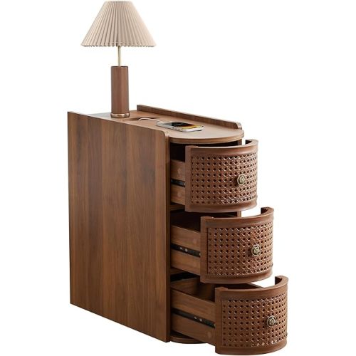 Metal Rattan Narrow End Table with Charging Station, Farmhouse Side Table with Drawers Storage, Small Night Stand with Power Outlets and USB Ports, Sofa Side Table for Living Room - Walnut