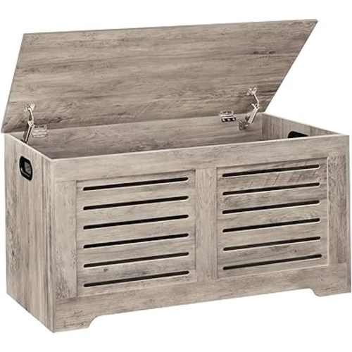 DINZI LVJ Storage Chest, 39.4”Wooden Toy Box with 2 Safety Hinges, Retro Entryway Shoe Storage Bench with Flip-Top, Sturdy Large Storage Trunk for Living Room, Bedroom, Easy Assembly, Greige