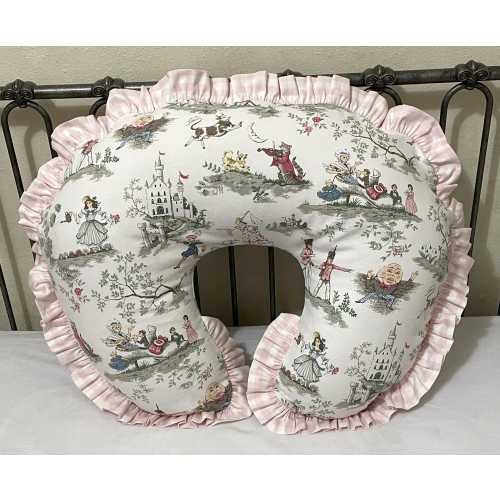 Nursery Rhyme Toile Nursing Pillow Cover with Pink Gingham Ruffle