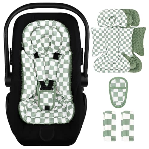 DILIMI Infant Car Seat Insert, Baby Car Seat Head Support with Removable Headrest, Adjustable Newborn Car Seat Cushion with3 Strap Paddings for Stroller, Swing, Bouncers, Green Lattice