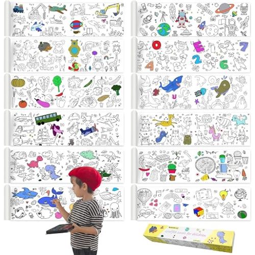 Raissily 12PCS Children’s Drawing Roll, 35.4" x 11.8" Coloring Paper Rolls Graffiti Scroll DIY Filling Picture Desktop Painting Paper for Kids Gift