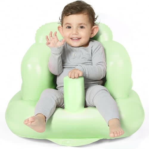 Mink Inflatable Baby Seat for Babies 3 Months & Up, Blow Up Floor Baby Chair with Back Support, Fence & Built-in Air Pump, Sit Me Up Inflatable Chair for Sit Training, Feeding, Travel (Grass Green)
