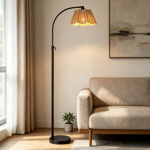 RORIA Adjustable Arc Floor Lamp, 54-64" Height, Black Metal