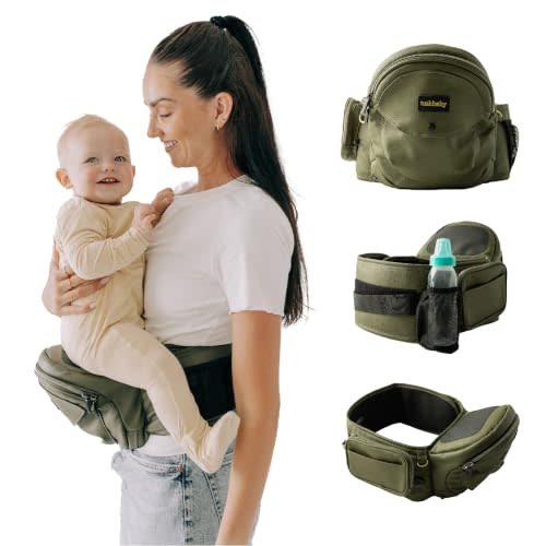 Tushbaby Original Hip Seat Baby Carrier for Babies & Toddlers up to 45 lbs, Safety Certified, Lightweight No-Foam Design with Storage, Olive