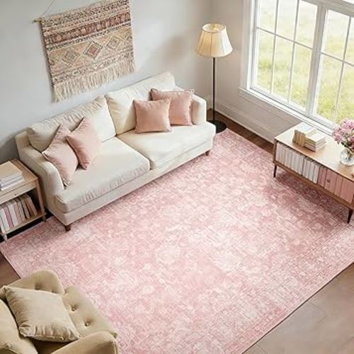 FROZZUR Boho Pink Area Rug 6x9 Large Vintage Rug for Living Room Bedroom Dining Table, Non Slip Distressed Washable Rugs for Home Office Decor Pink