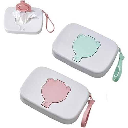 PandaEar 2 Pack Portable Baby Wipes Dispenser | Refillable Wet Wipe Case with Secure Lid and Carrying Strap for Travel, Diaper Bag, Car, and Nursery, Bear, Pink/Green