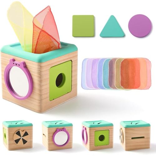 Youuys Wooden Baby Tissue Box Toy - Montessori Tissue Box Toy for Babies 12 Months with 3 Shape Blocks & 8 Silk Paper, Baby Boy Girl Gifts for Babies 12 18 Months Old Birthday Children Day