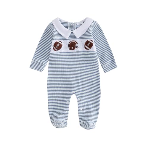 Bagilaanoe Fall Newborn Baby Boy Footie Romper Collared Football/DuckJumpsuit Footed One Piece Clothes Waffle Knit Outfit
