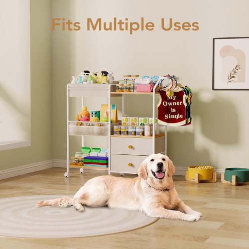 Diaper Caddy Organizer with Hanging Rack - 3 Tier Rolling Baby Storage Cart with Drawers and Side Pockets for Newborn Diaper Organization for Nursery, Crib, Bedroom, Changing Table, Beige