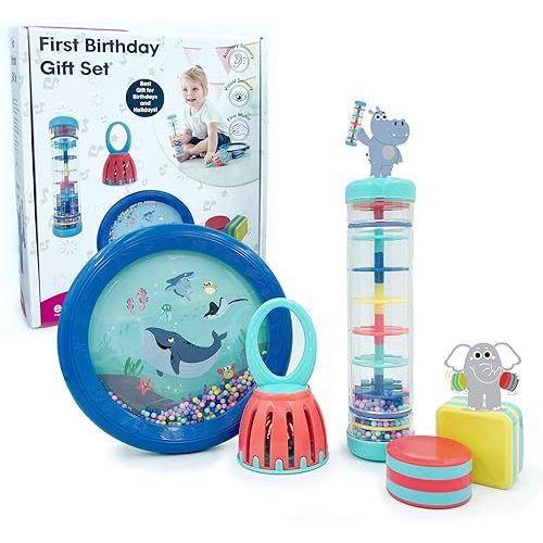 Edushape First Birthday Gift Set - Baby Musical Instruments & Toddler Music Set - Music Toys Baby Gift – Includes Hand Drum, Rain Stick, Shakers, Bell - Interactive Toddler Music Toys for Toddlers 1-3