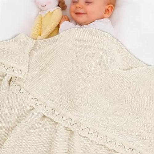 Baby Knit Blanket Soft Breathable Cotton Scallop Border Blankets Newborn Knitted Blanket Swaddle Blankets Gifts for Baby Newborn Toddler Shower Boy Girl New Mom Birthday Christmas Cream 30x30