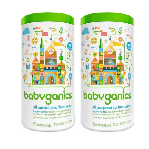 Babyganics All Purpose Surface Wipes, Fragrance Free, 75 Count Plant Based and Non-Abrasive, No Ammonia, No Bleach (Pack of 2)