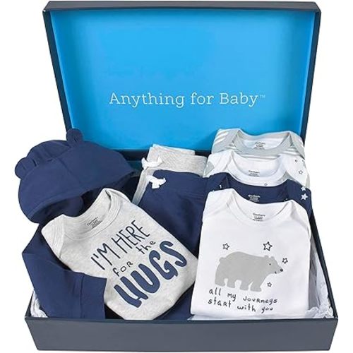Gerber Baby 8-Piece Clothing Gift Set (5Pk Bodysuits 2Pk Pants & 1Pk Hooded Cardigan), Blue, Newborn