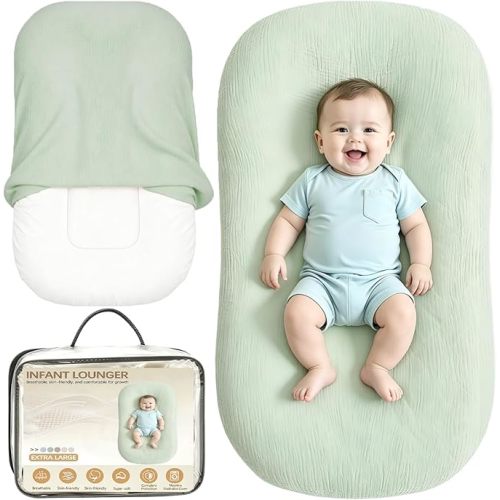 Baby Lounger & Baby Nest, Extra Large Muslin Infant Lounger for Newborns | Breathable & Soft, Portable Infant Support Cushion for Home and Travel, Essential Baby Gift, 1 Lounger + 1 Cover, Green