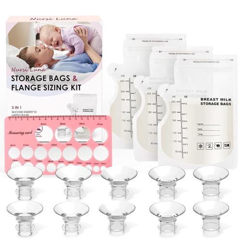 Flange Sizing Kit with Flange Inserts 13/15/17/19/21mm 10PCS, Nipple Ruler, Breastmilk Storage Bags 60, Silicone Flanges Insert for 24mm Most Pumps, Breastfeeding Essentials for New Mom